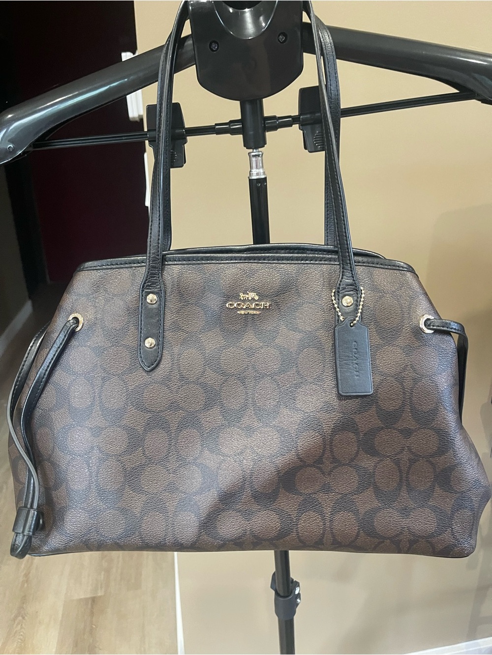 Coach Brown Signature Canvas Shoulder Bag with Black Trim